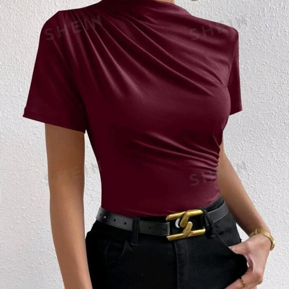 SHEIN Prive` Ruched Mock Neck Tee - Picture 2 of 7
